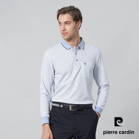 【pierre cardin 皮爾卡登】男裝 棉質混紡PK點點印花長袖POLO衫-藍色 (5245255-35)