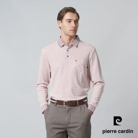 【pierre cardin 皮爾卡登】男裝 棉質混紡PK點點印花長袖POLO衫-紅色 (5245255-78)