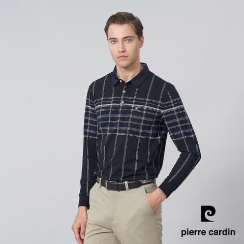 【pierre cardin 皮爾卡登】男裝 棉質混紡大定位印花格紋長袖POLO衫-丈青色 (5245256-38)