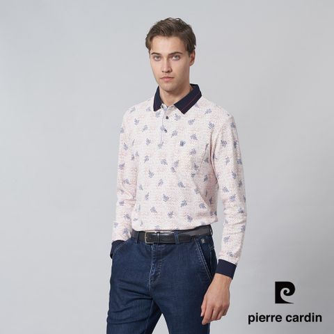 【pierre cardin 皮爾卡登】男裝 棉質混紡PK葉片印花長袖POLO衫-紅色 (5245259-78)