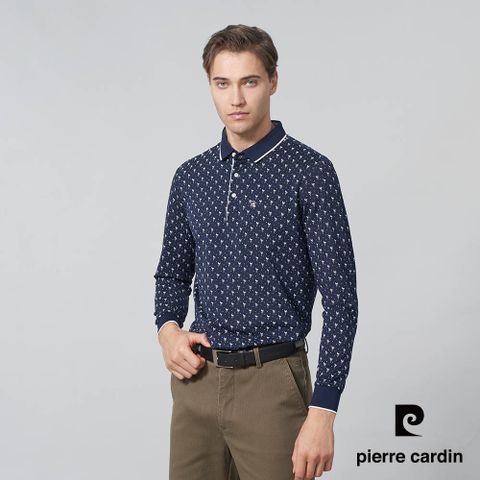 【pierre cardin 皮爾卡登】男裝 棉質混紡PK鶴印花長袖POLO衫-深藍色 (5245263-38)