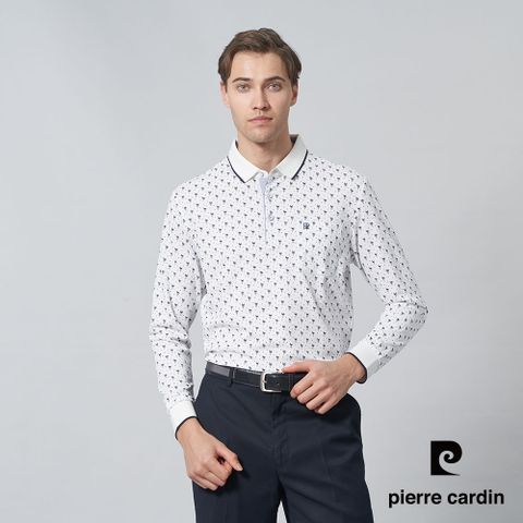 【pierre cardin 皮爾卡登】男裝 棉質混紡PK鶴印花長袖POLO衫-白色 (5245263-90)