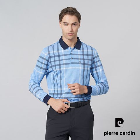 【pierre cardin 皮爾卡登】男裝 棉質混紡雙色PK大方格印花長袖POLO衫-水藍色 (5245265-35)