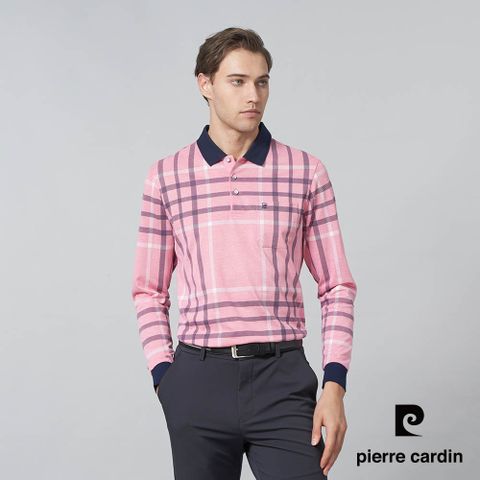 【pierre cardin 皮爾卡登】男裝 棉質混紡雙色PK大方格印花長袖POLO衫-粉紅色 (5245265-75)
