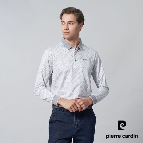 【pierre cardin 皮爾卡登】男裝 棉質混紡方格印花長袖POLO衫-灰藍色 (5245267-37)