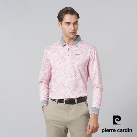 【pierre cardin 皮爾卡登】男裝 棉質混紡方格印花長袖POLO衫-粉紅色 (5245267-75)