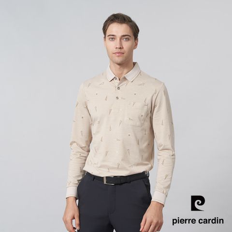 【pierre cardin 皮爾卡登】男裝 棉質混紡雙色PK三角印花長袖POLO衫-卡其色 (5245268-84)
