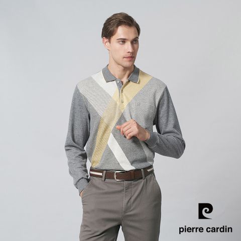 【pierre cardin 皮爾卡登】男裝 棉質混紡刷毛大定位斜格長袖POLO衫-花灰色 (5245270-95)
