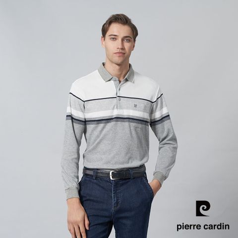 【pierre cardin 皮爾卡登】男裝 棉質混紡刷毛定位橫條長袖POLO衫-灰花色 (5245277-95)