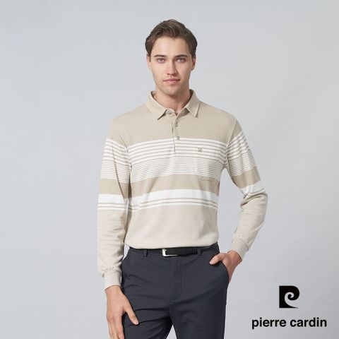 【pierre cardin 皮爾卡登】男裝 棉質混紡刷毛定位橫條長袖POLO衫-卡其色 (5245279-47)