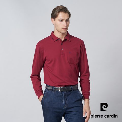 【pierre cardin 皮爾卡登】男裝 純棉素色配條領長袖POLO衫-暗紅色 (5245284-79)