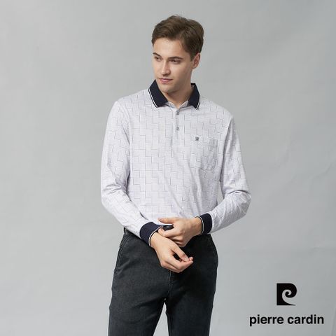 【pierre cardin 皮爾卡登】男裝 棉質混紡方格印花長袖POLO衫-卡其色 (5245258-84)