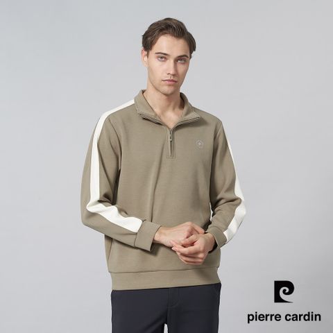 【pierre cardin 皮爾卡登】男裝 棉質混紡微彈性素色半高領拉鍊長袖POLO衫-卡其色 (5245291-47)