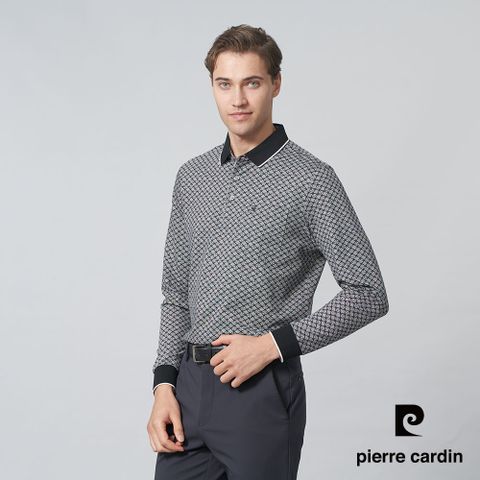 【pierre cardin 皮爾卡登】男裝 棉質混紡雙色PK方格印花長袖POLO衫-黑色 (5245292-99)