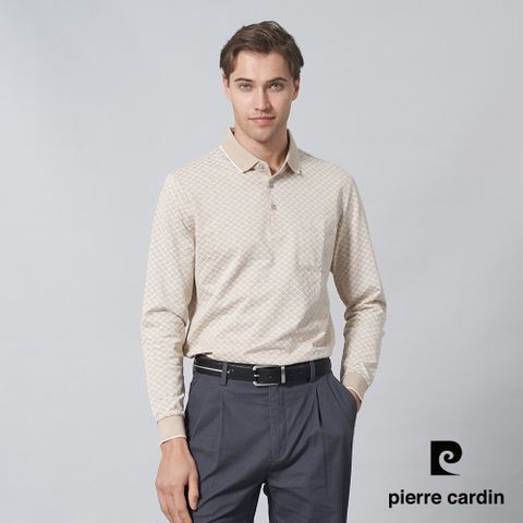 【pierre cardin 皮爾卡登】男裝 棉質混紡雙色PK方格印花長袖POLO衫-卡其色 (5245292-84)