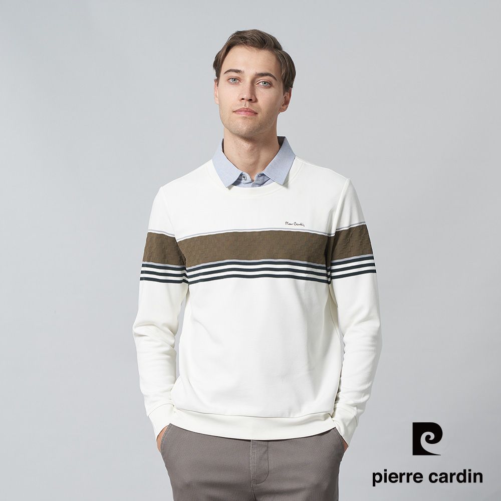 Pierre Cardin 皮爾卡登 男裝 棉混彈性假兩件襯衫領定位橫條長袖POLO衫-米白色 (5245294-91)