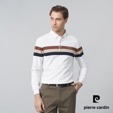 【pierre cardin 皮爾卡登】男裝 棉質混紡微彈性定位橫條長袖POLO衫-米白色 (5245298-91)