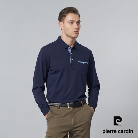 【pierre cardin 皮爾卡登】男裝 絲光棉混紡素色薄長袖POLO衫-深藍色 (5245203-38)