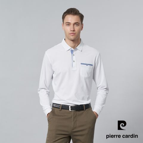 【pierre cardin 皮爾卡登】男裝 絲光棉混紡素色薄長袖POLO衫-白色 (5245203-90)