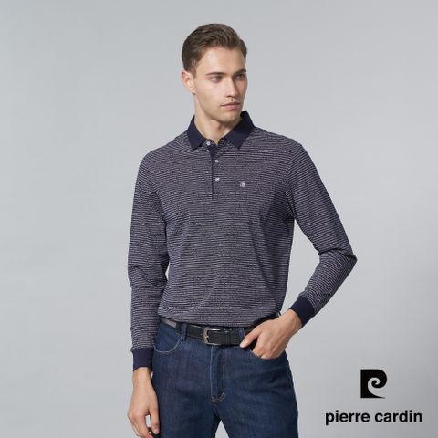【pierre cardin 皮爾卡登】男裝 純棉橫條印花薄長袖POLO衫-深藍色 (5245204-38)