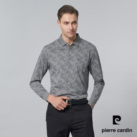【pierre cardin 皮爾卡登】男裝 純棉橫條印花薄長袖POLO衫-灰色 (5245204-97)