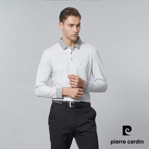 【pierre cardin 皮爾卡登】男裝 棉質混紡彈性印花格紋薄長袖POLO衫-淺灰色 (5245205-95)