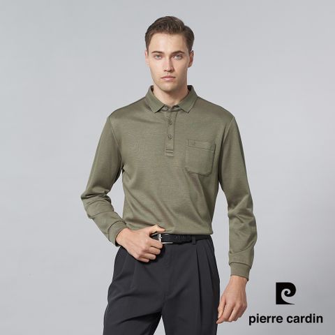 【pierre cardin 皮爾卡登】男裝 人造棉質混紡彈性素面薄長袖POLO衫-綠色 (5245207-45)