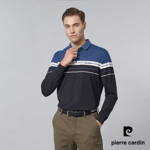 【pierre cardin 皮爾卡登】男裝 人造棉混紡微彈性定位橫條長袖POLO衫-藍色 (5245209-37)