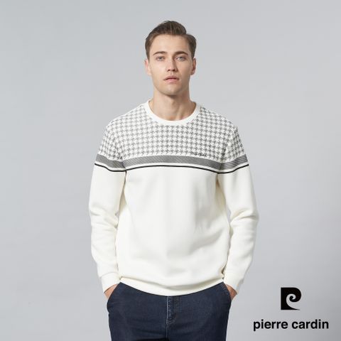 【pierre cardin 皮爾卡登】男裝 棉質混紡微彈性圓領千鳥格定位長袖T恤-米白色 (5245211-91)