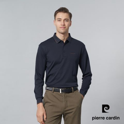 【pierre cardin 皮爾卡登】男款 棉質混紡素面薄長袖POLO衫-深藍色 (5245212-38)
