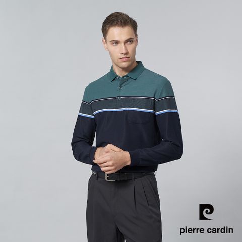 【pierre cardin 皮爾卡登】男裝 棉質混紡微彈性定位橫條長袖POLO衫-綠色 (5245214-45)