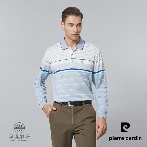【pierre cardin 皮爾卡登】男裝 吸濕排汗微彈性定位橫條薄長袖POLO衫-淺灰色 (5245251-92)