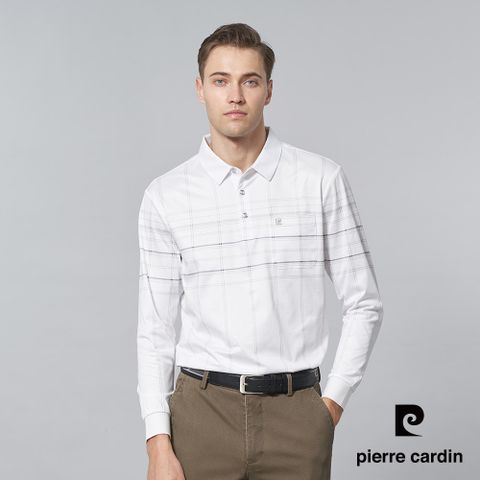 【pierre cardin 皮爾卡登】男裝 棉質混紡大定位印花格紋長袖POLO衫-白色 (5245256-90)