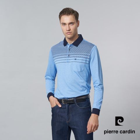 【pierre cardin 皮爾卡登】男裝 棉質混紡雙色PK定位印花長袖POLO衫-天藍色 (5245266-35)