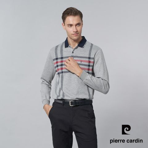 【pierre cardin 皮爾卡登】男裝 棉質混紡刷毛大定位格條長袖POLO衫-灰花色 (5245275-95)