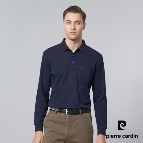 【pierre cardin 皮爾卡登】男裝 純棉素色配條領長袖POLO衫-丈青色 (5245284-38)