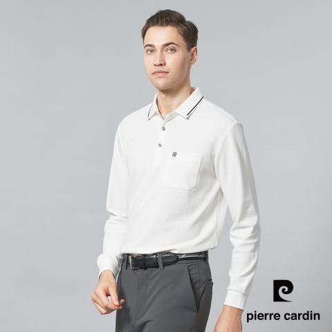 【pierre cardin 皮爾卡登】男裝 純棉素色配條領長袖POLO衫-白色 (5245284-90)
