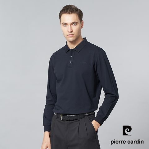 【pierre cardin 皮爾卡登】男裝 棉質混紡微彈性素色長袖POLO衫-深藍色 (5245285-38)