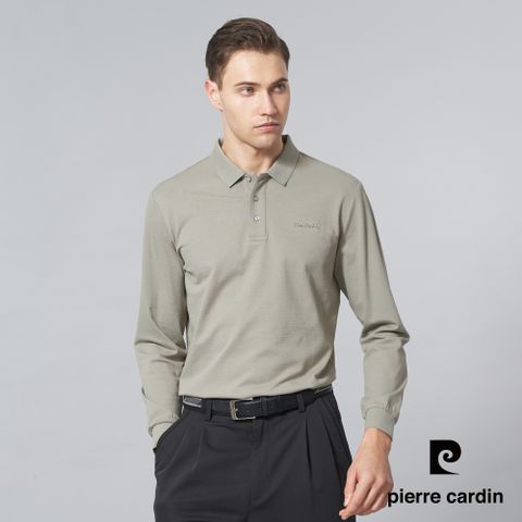 【pierre cardin 皮爾卡登】男裝 棉質混紡微彈性素色長袖POLO衫-淺綠色 (5245285-43)