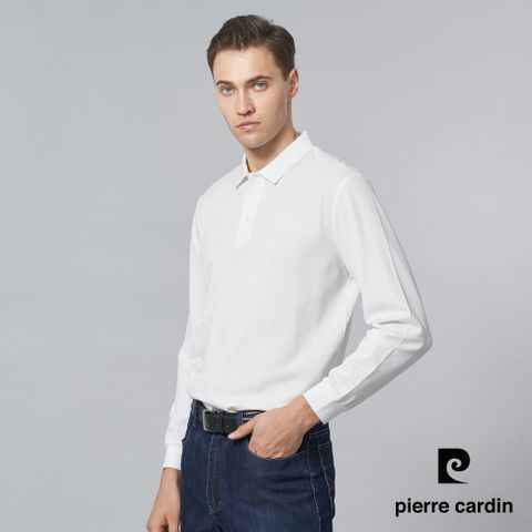 【pierre cardin 皮爾卡登】男裝 棉質混紡微彈性素色長袖POLO衫-白色 (5245285-90)