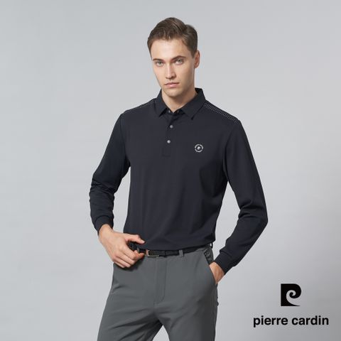 【pierre cardin 皮爾卡登】男裝 都會休閒素色彈性長袖POLO衫-深藍色 (5245293-38)