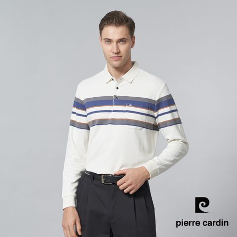 【pierre cardin 皮爾卡登】男裝 人造棉混紡微彈性定位條長袖POLO衫-米白色 (5245295-91)