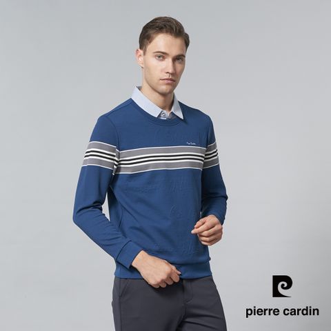【pierre cardin 皮爾卡登】 男裝 人造棉混紡定位條印花假兩件長袖POLO衫-藍色 (5245296-37)
