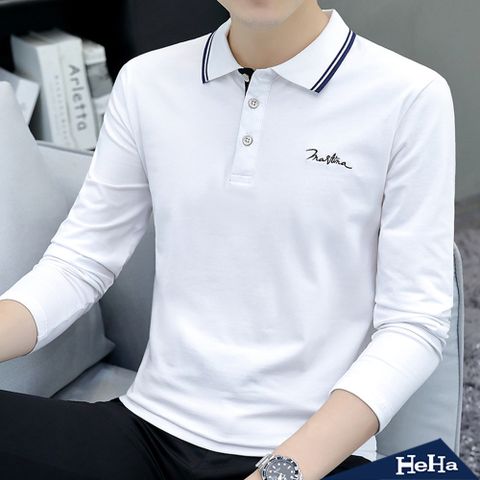 【HeHa】彈力刺繡POLO長袖上衣 四色