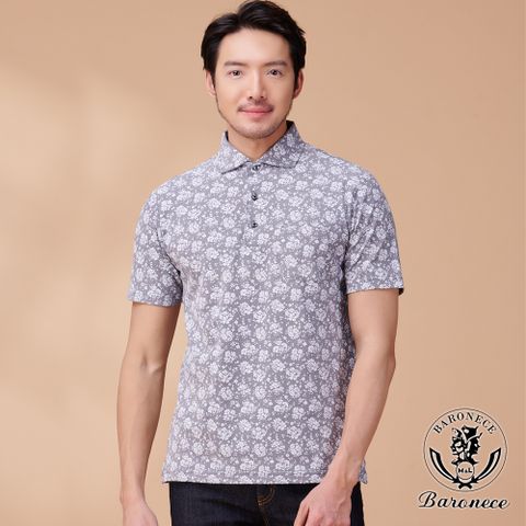 【BARONECE】棉質混紡高雅大方短袖POLO衫_灰底白花(323820-74)