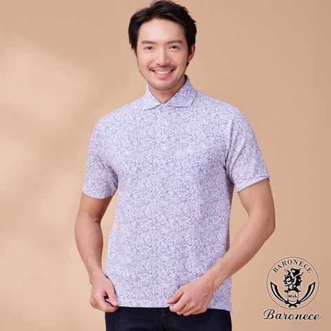 【BARONECE】高級感時尚碎花短袖POLO衫_藍(323822-91)