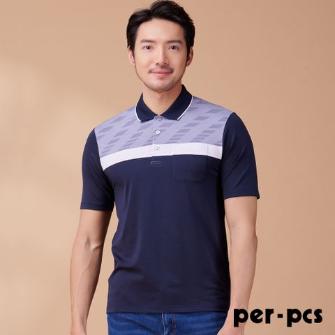 【per-pcs】魅力撞色拼接短袖POLO衫_深藍(723509)
