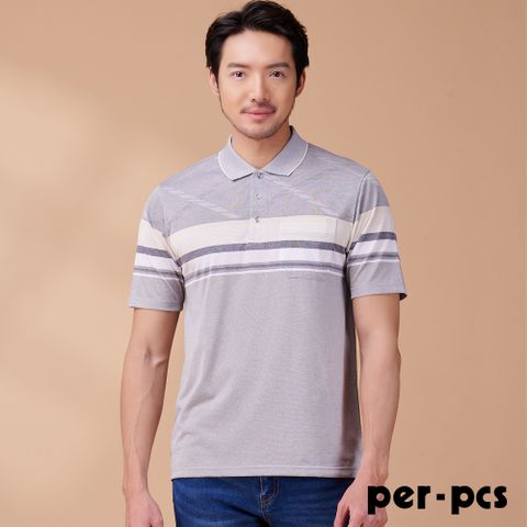 【per-pcs】率性條紋層次穿插短袖POLO衫_灰(724508)