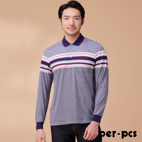 【per-pcs】層次線條長袖POLO衫_藍(824502)