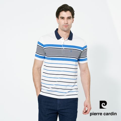 【pierre cardin 皮爾卡登】男款 吸濕排汗微彈性TOP橫條短袖polo衫-白色 (5257292-90)